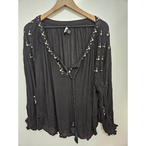 Ellos Black Embroidered Crinkle Gauze Peasant Blouse Tassel Tie Top L 18/20